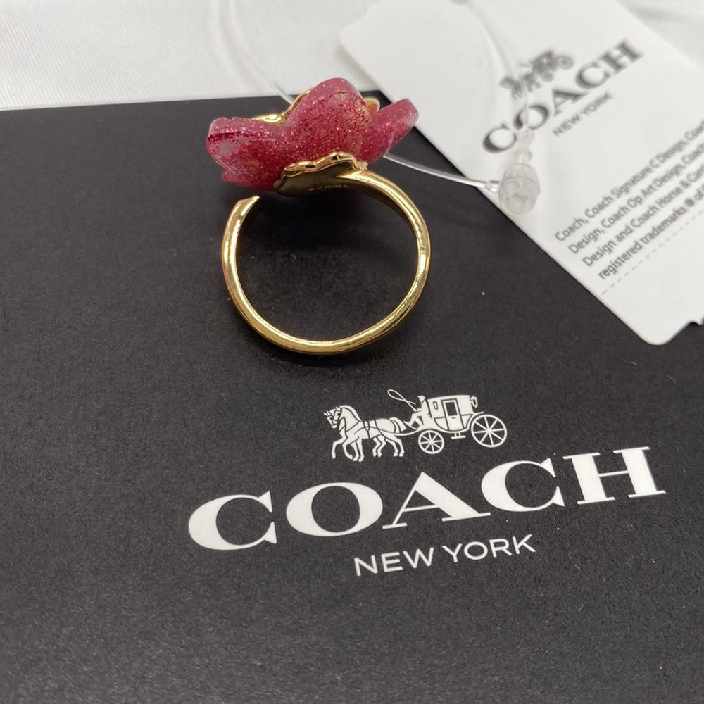 Coach Tea Rose Pink Resin Glitter Gold Plated 14k adjustable Pearl Accent Ring - Picture 4 of 8